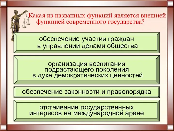 Какая из названных функций является внешней функцией современного государства? отстаивание государственных интересов