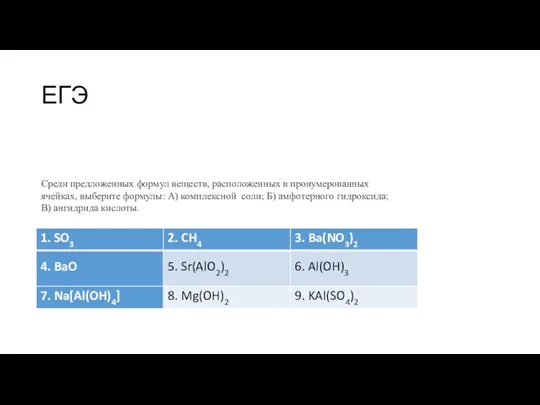 Среди предложенных формул веществ, расположенных в пронумерованных ячейках, выберите формулы: А) комплексной