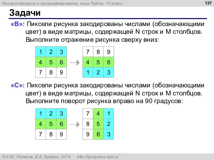 Задачи «B»: Пиксели рисунка закодированы числами (обозначающими цвет) в виде матрицы, содержащей