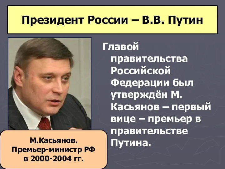 Президент России – В.В. Путин Главой правительства Российской Федерации был утверждён М.