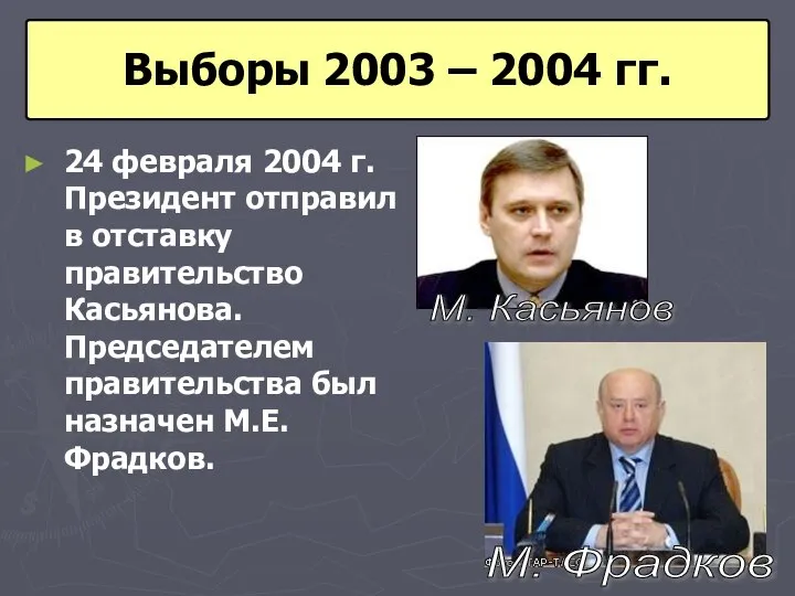 Выборы 2003 – 2004 гг. 24 февраля 2004 г. Президент отправил в