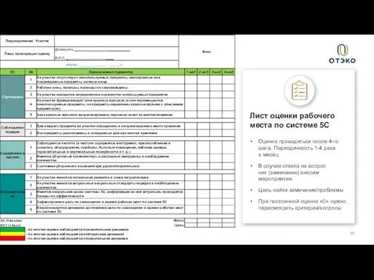 Лист оценки рабочего места по системе 5С Оценка проводиться после 4-го шага.