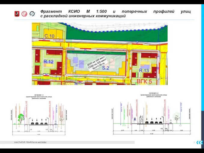 3 Фрагмент КСИО М 1:500 и поперечных профилей улиц с раскладкой инженерных коммуникаций