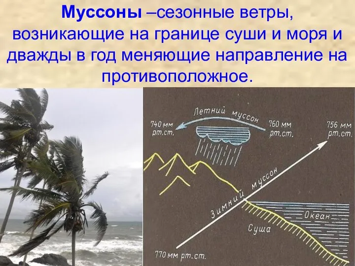 Муссоны –сезонные ветры, возникающие на границе суши и моря и дважды в