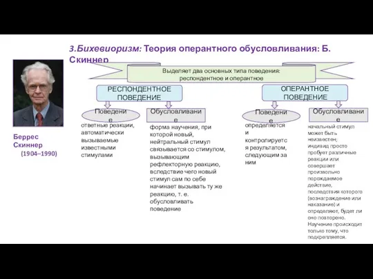 3.Бихевиоризм: Теория оперантного обусловливания: Б. Скиннер Выделяет два основных типа поведения: респондентное