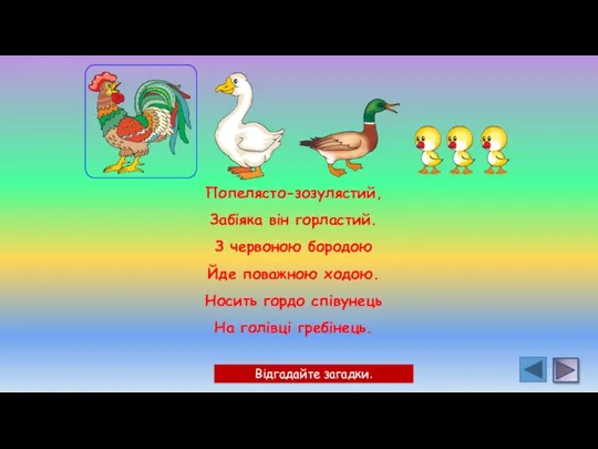 Відгадайте загадки. Попелясто-зозулястий, Забіяка він горластий. З червоною бородою Йде поважною ходою.