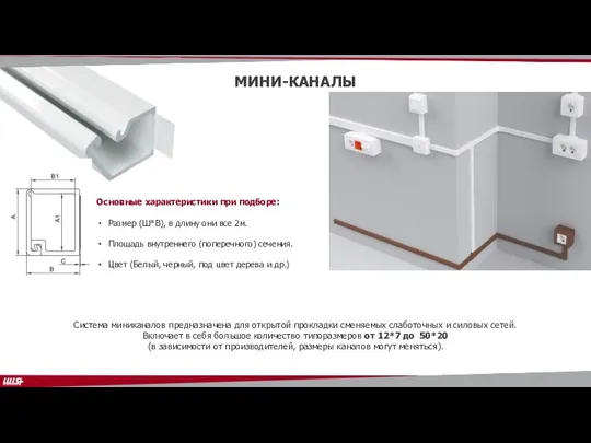 МИНИ-КАНАЛЫ Система миниканалов предназначена для открытой прокладки сменяемых слаботочных и силовых сетей.