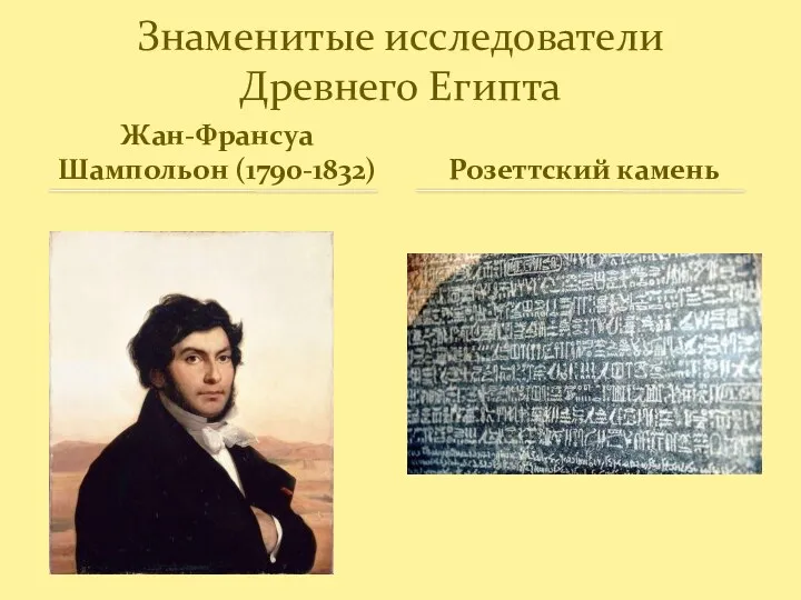 Жан-Франсуа Шампольон (1790-1832) Знаменитые исследователи Древнего Египта Розеттский камень