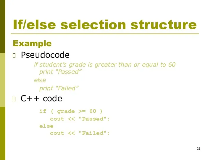 If/else selection structure Example Pseudocode if student’s grade is greater than or
