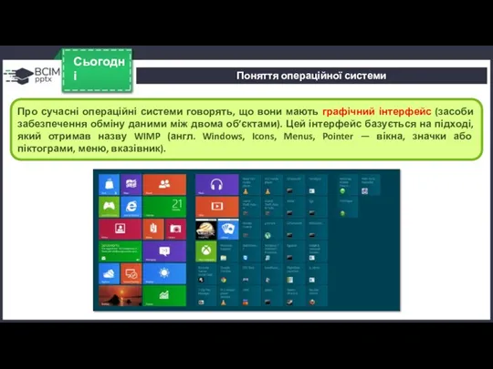 Сьогодні Про сучасні операційні системи говорять, що вони мають графічний інтерфейс (засоби