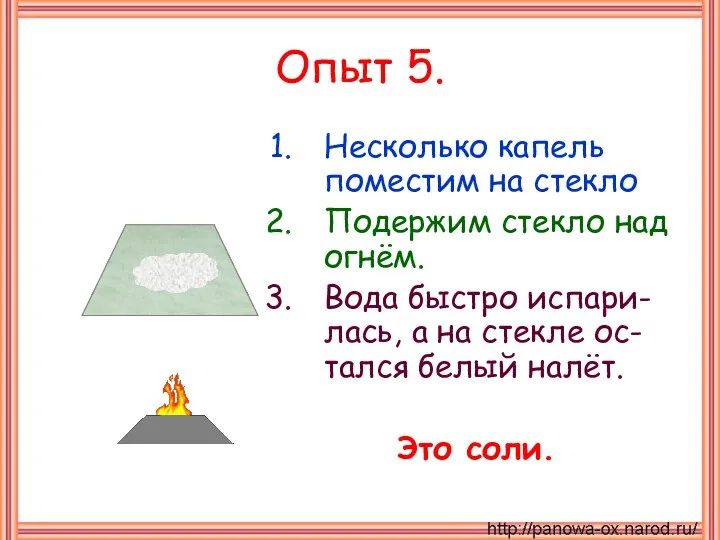 Опыт 5. Несколько капель поместим на стекло Подержим стекло над огнём. Вода