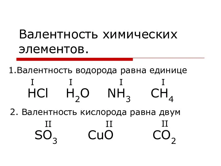 Валентность химических элементов. 1.Валентность водорода равна единице I I I 2. Валентность
