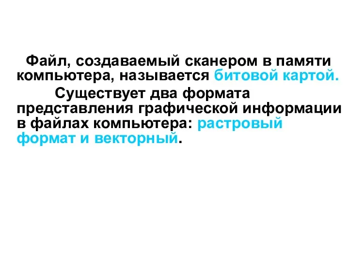 Файл, создаваемый сканером в памяти компьютера, называется битовой картой. Существует два формата