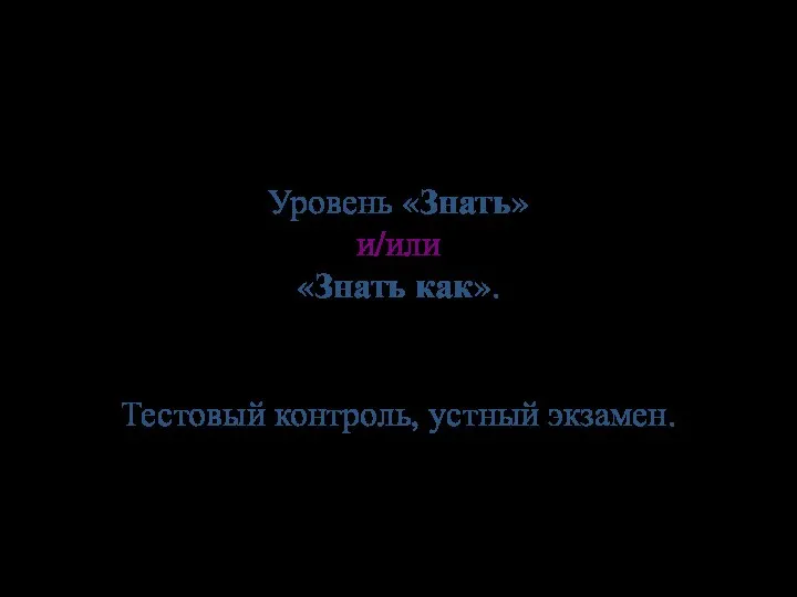 Уровень «Знать» и/или «Знать как». Тестовый контроль, устный экзамен.