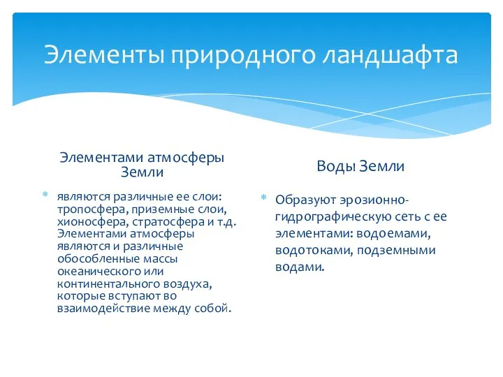 Элементы природного ландшафта Элементами атмосферы Земли являются различные ее слои: тропосфера, приземные