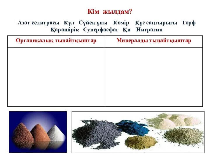 Азот селитрасы Күл Сүйек ұны Көмір Құс саңғырығы Торф Қарашірік Суперфосфат Қи Нитрагин Кім жылдам?