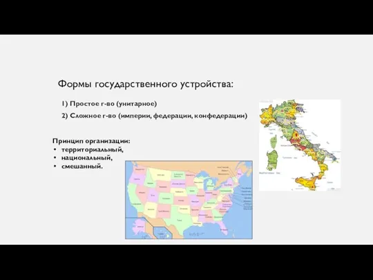 1) Простое г-во (унитарное) 2) Сложное г-во (империи, федерации, конфедерации) Принцип организации: