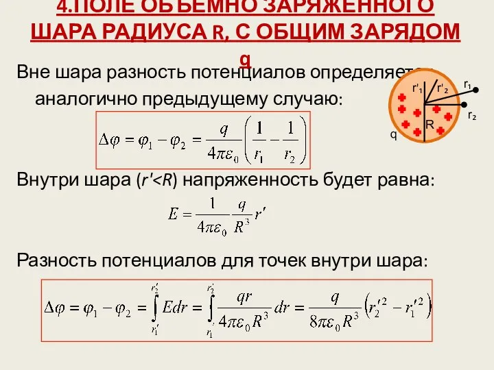 4.ПОЛЕ ОБЪЕМНО ЗАРЯЖЕННОГО ШАРА РАДИУСА R, С ОБЩИМ ЗАРЯДОМ q Вне шара