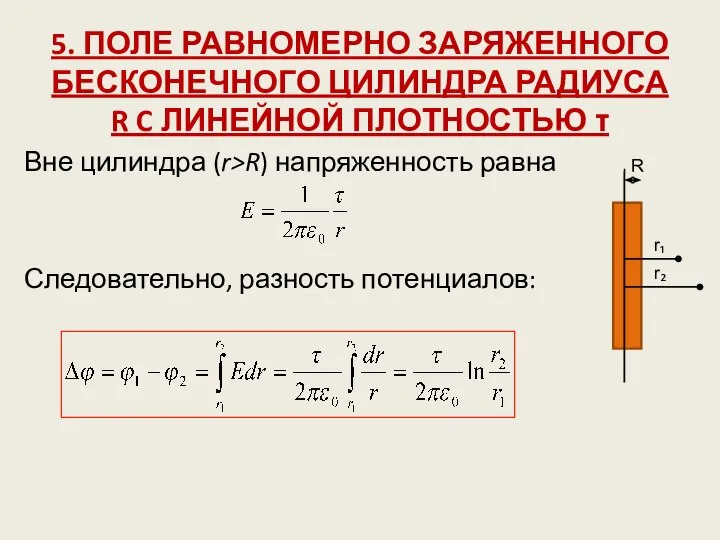 5. ПОЛЕ РАВНОМЕРНО ЗАРЯЖЕННОГО БЕСКОНЕЧНОГО ЦИЛИНДРА РАДИУСА R C ЛИНЕЙНОЙ ПЛОТНОСТЬЮ τ