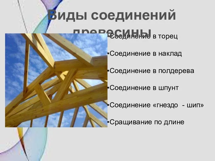 Соединение в торец Соединение в наклад Соединение в полдерева Соединение в шпунт