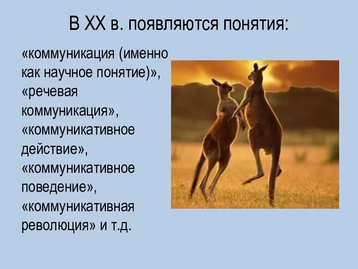 В XX в. появляются понятия: «коммуникация (именно как научное понятие)», «речевая коммуникация»,