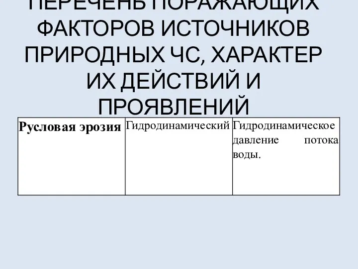 ПЕРЕЧЕНЬ ПОРАЖАЮЩИХ ФАКТОРОВ ИСТОЧНИКОВ ПРИРОДНЫХ ЧС, ХАРАКТЕР ИХ ДЕЙСТВИЙ И ПРОЯВЛЕНИЙ