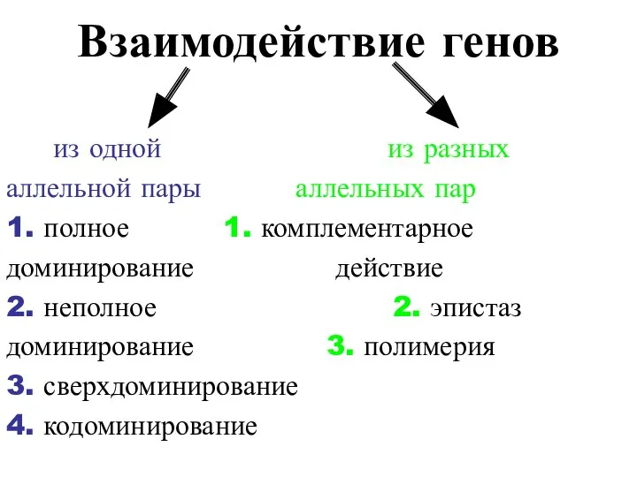 Взаимодействие генов из одной из разных аллельной пары аллельных пар 1. полное