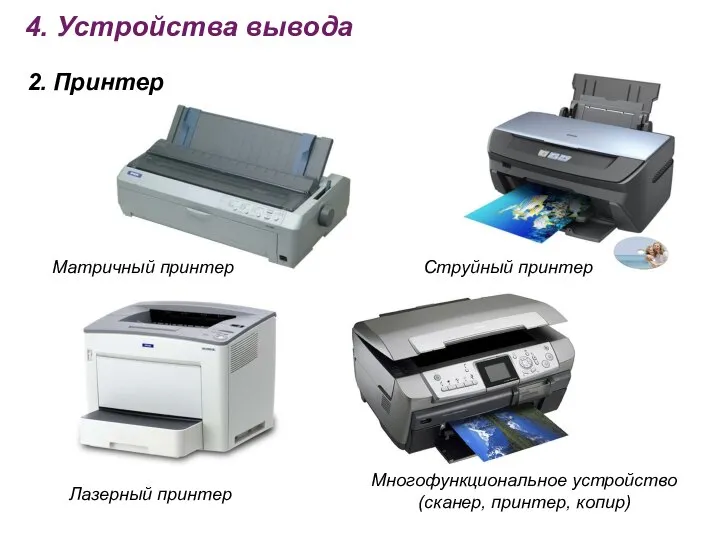 4. Устройства вывода 2. Принтер Матричный принтер Многофункциональное устройство(сканер, принтер, копир) Лазерный принтер Струйный принтер