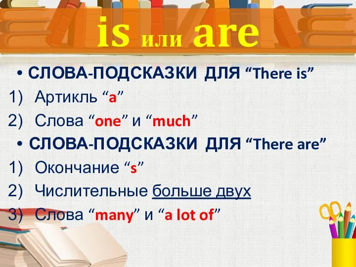 СЛОВА-ПОДСКАЗКИ ДЛЯ “There is” Артикль “a” Слова “one” и “much” СЛОВА-ПОДСКАЗКИ ДЛЯ