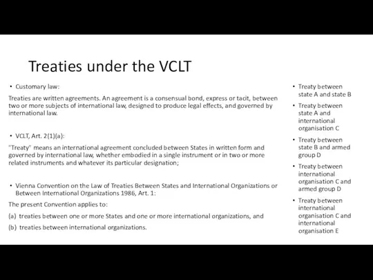 Treaties under the VCLT Customary law: Treaties are written agreements. An agreement