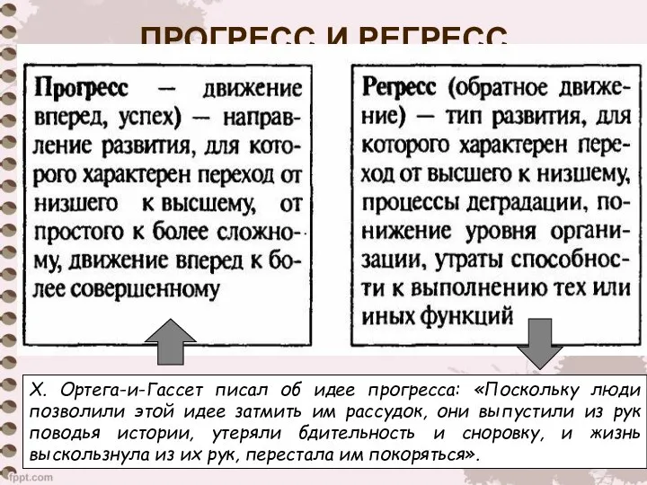 ПРОГРЕСС И РЕГРЕСС X. Ортега-и-Гассет писал об идее прогресса: «Поскольку люди позволили