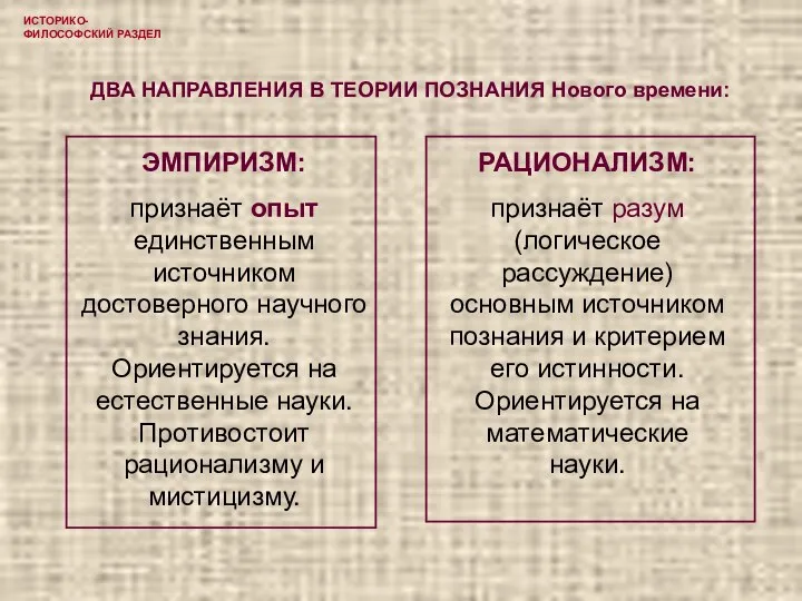 ИСТОРИКО-ФИЛОСОФСКИЙ РАЗДЕЛ ДВА НАПРАВЛЕНИЯ В ТЕОРИИ ПОЗНАНИЯ Нового времени: ЭМПИРИЗМ: признаёт опыт