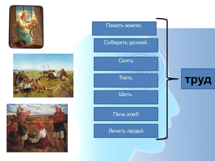 Пахать землю. Собирать урожай. Сеять Ткать. Шить. Печь хлеб Лечить людей труд