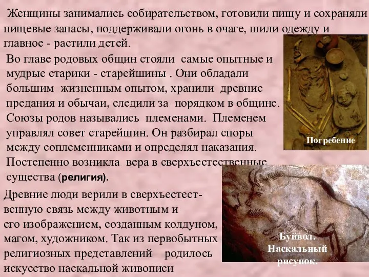 Женщины занимались собирательством, готовили пищу и сохраняли пищевые запасы, поддерживали огонь в