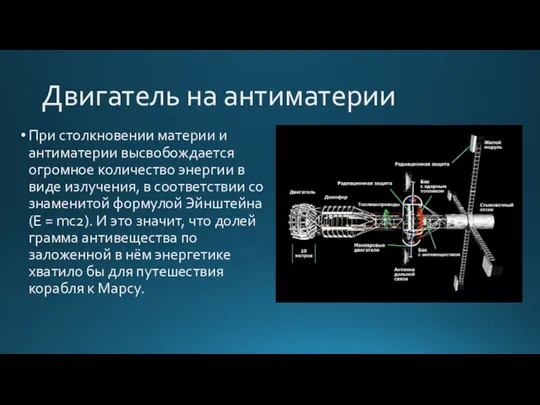 Двигатель на антиматерии При столкновении материи и антиматерии высвобождается огромное количество энергии