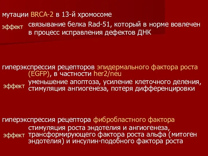 мутации BRCA-2 в 13-й хромосоме связывание белка Rad-51, который в норме вовлечен