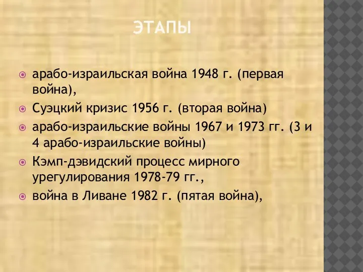 ЭТАПЫ арабо-израильская война 1948 г. (первая война), Суэцкий кризис 1956 г. (вторая