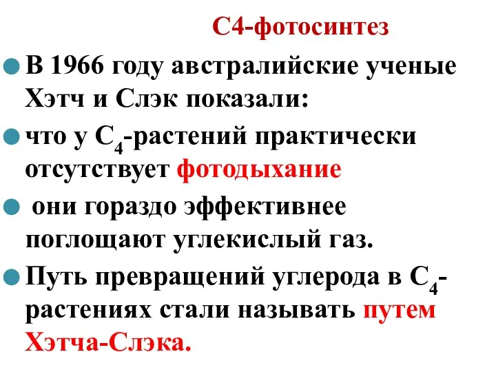 С4-фотосинтез В 1966 году австралийские ученые Хэтч и Слэк показали: что у