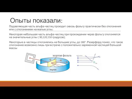 Опыты показали: Подавляющая часть альфа-частиц проходит сквозь фольгу практически без отклонения или