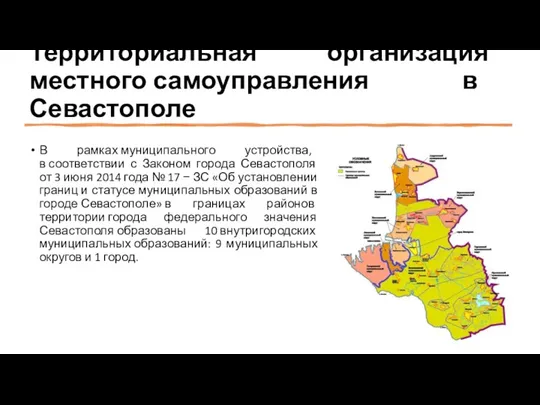 Территориальная организация местного самоуправления в Севастополе В рамках муниципального устройства, в соответствии
