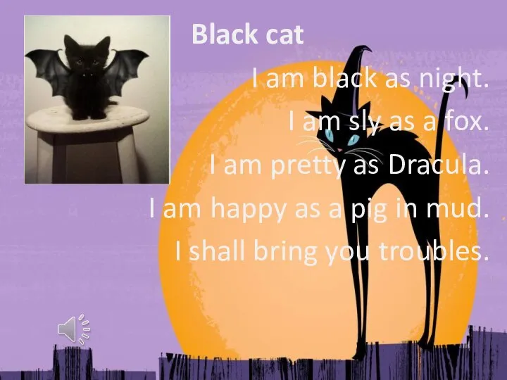Black cat I am black as night. I am sly as a