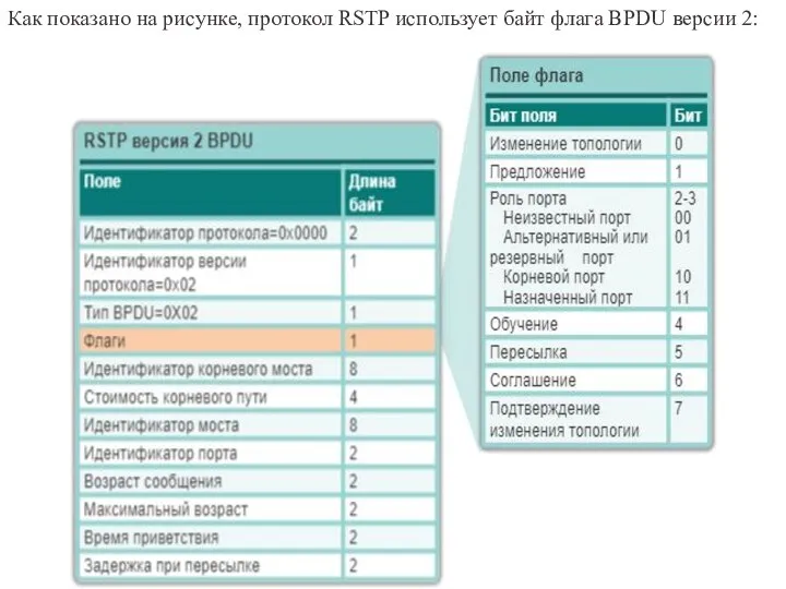 Как показано на рисунке, протокол RSTP использует байт флага BPDU версии 2: