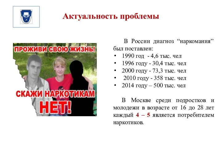 Актуальность проблемы В России диагноз “наркомания” был поставлен: 1990 год - 4,6