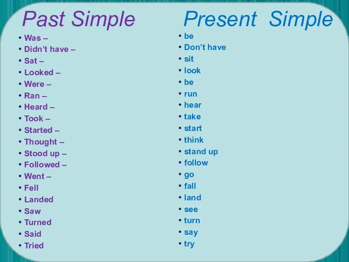 Past Simple Present Simple Was – Didn’t have – Sat – Looked