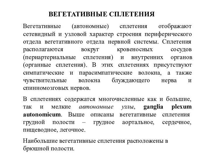 ВЕГЕТАТИВНЫЕ СПЛЕТЕНИЯ Вегетативные (автономные) сплетения отображают сетевидный и узловой характер строения периферического