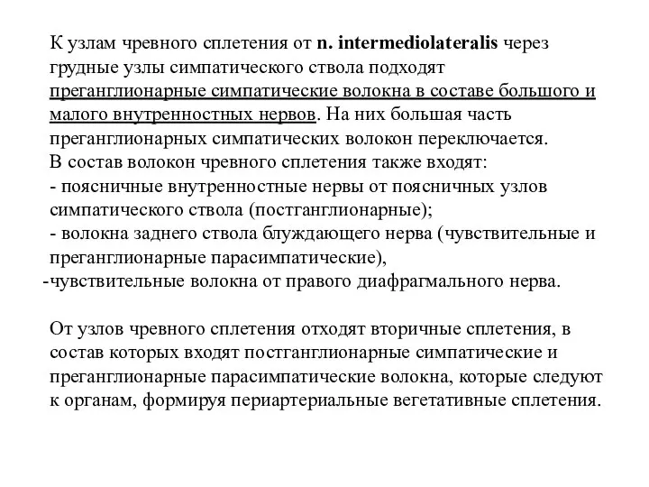 К узлам чревного сплетения от n. intermediolateralis через грудные узлы симпатического ствола