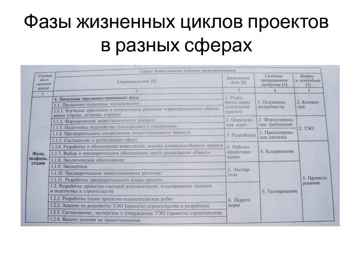 Фазы жизненных циклов проектов в разных сферах