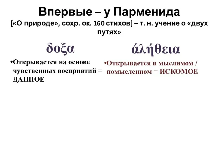 δοξα Открывается на основе чувственных восприятий = ДАННОЕ άλήθεια Открывается в мыслимом