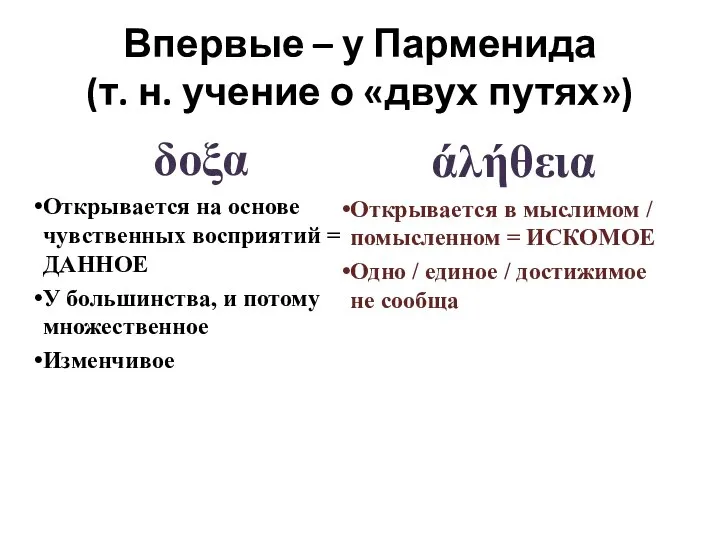 Впервые – у Парменида (т. н. учение о «двух путях») δοξα Открывается