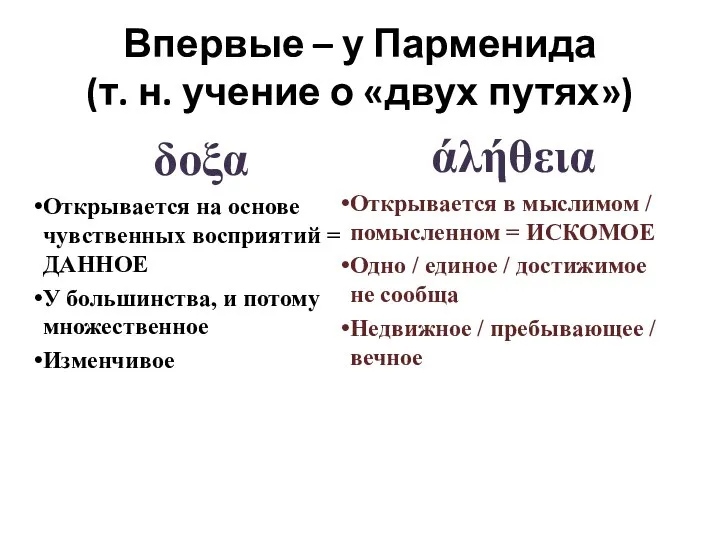 Впервые – у Парменида (т. н. учение о «двух путях») δοξα Открывается